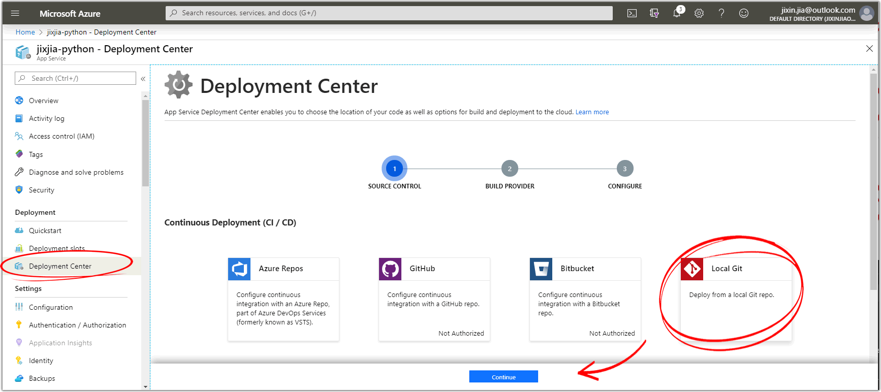 (选择Deployment Center > Local Git > App Service Build Service)